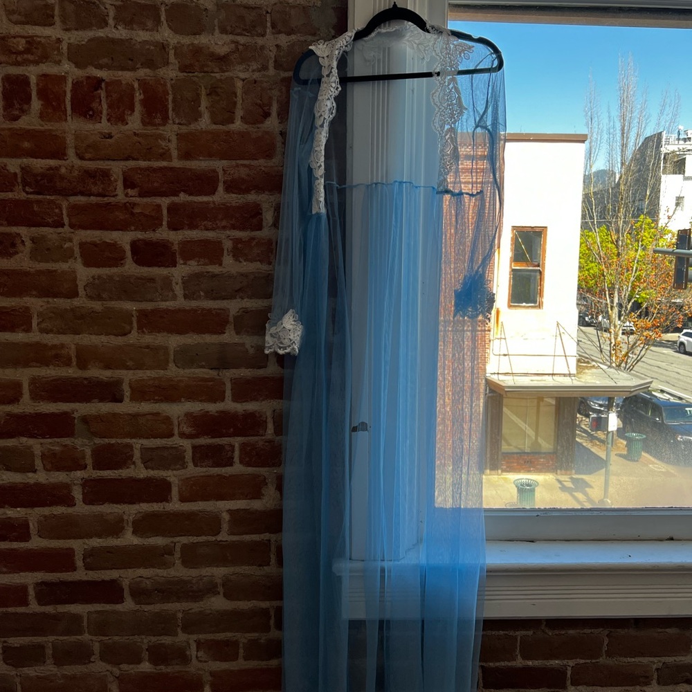 Elegant Blue Sheer Robe with Lace Accents